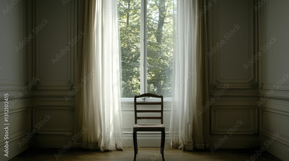 Fototapeta premium A wooden chair positioned in front of a large window with sheer curtains, allowing natural light to flood a serene workspace.