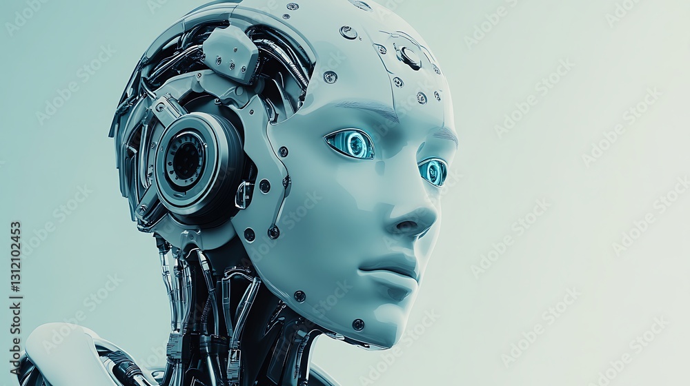 Close-up of a Futuristic Female Robot Head, Artificial Intelligence Concept Close-up of a Futuristic Female Robot Head, Artificial Intelligence Concept