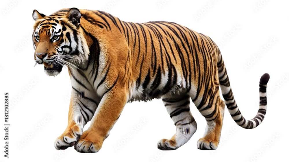 Obraz premium Striped Tiger Walking Isolated on White Background