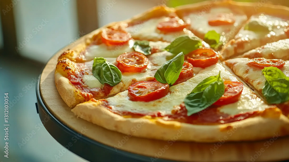 Freshly baked pizza with tomatoes and basil Freshly baked pizza with tomatoes and basil