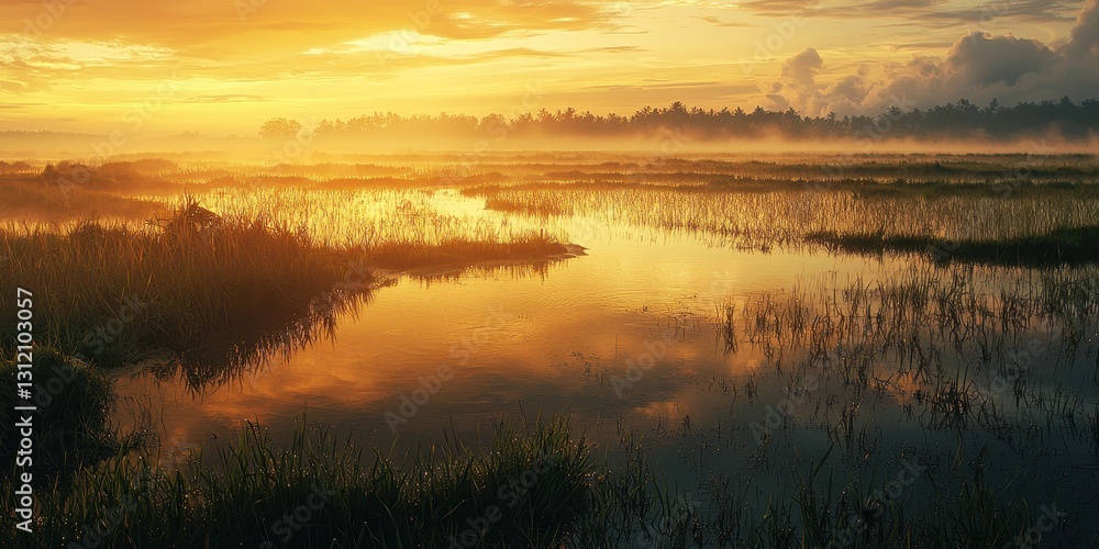 A tranquil rice terrace at sunrise, the flooded fields reflecting the warm golden glow of the morning sky A tranquil rice terrace at sunrise, the flooded fields reflecting the warm golden glow of the morning sky