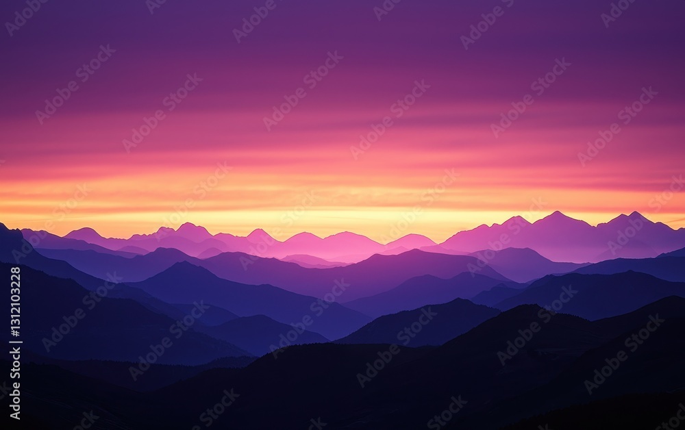 Obraz premium A tranquil sunset in the mountains, with the sky changing from golden to deep purple as night approaches