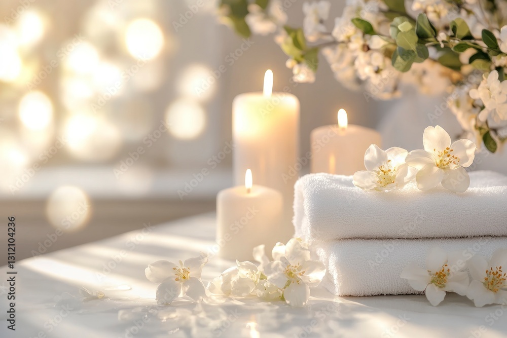 Enjoying Spa Day with Candles White Towels and Flowers Still Life Enjoying Spa Day with Candles White Towels and Flowers Still Life