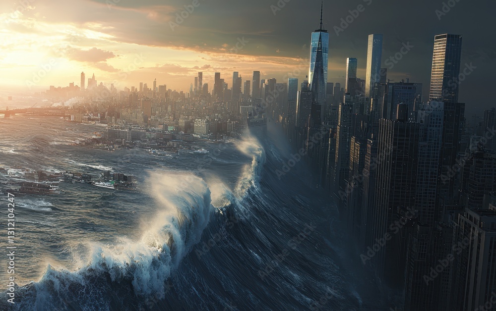 Fototapeta premium A tsunami wave rising from the ocean, preparing to crash onto a city coastline
