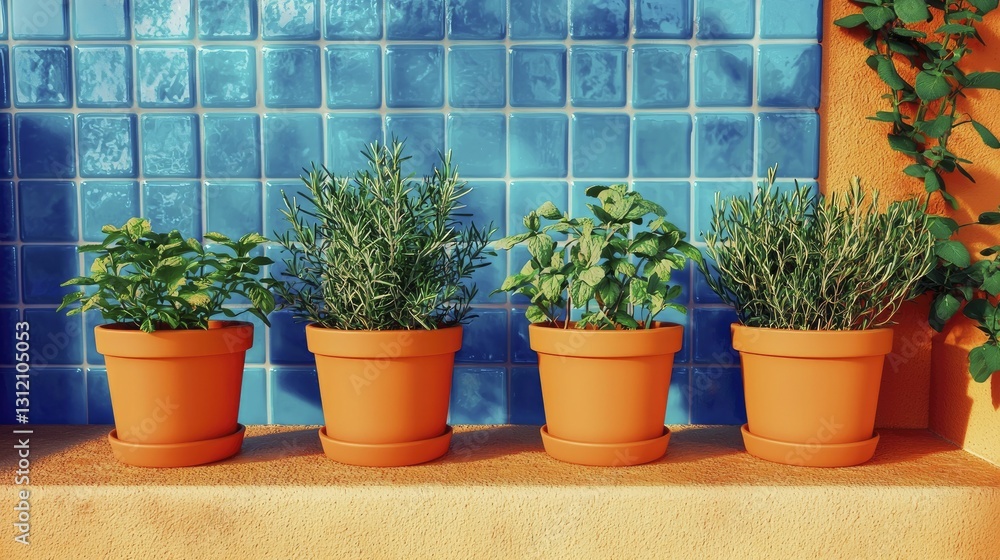 Fototapeta premium An indoor garden scene with various herbs in small pots, focusing on the simplicity of urban gardening techniques.