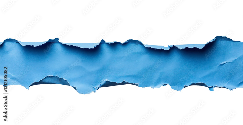 Obraz premium Blue Torn Paper: A vibrant strip of torn blue paper, its jagged edges creating an abstract and textured aesthetic against a clean background, symbolizing destruction and creation.