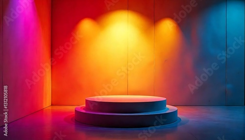 A colorful stage with vibrant lighting effects and a circular platform