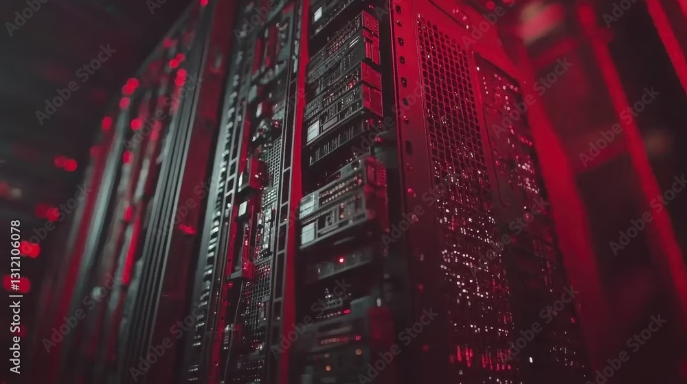 Obraz premium Close up view of a server's internal components, illuminated with red lighting, showcasing intricate circuitry and hardware.