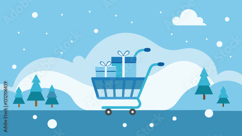 Winter Wonderland Carts Shopping carts filled with winterthemed items navigating through a snowy sky approaching a sparkling SALE banner made of snowflakes and icicles.