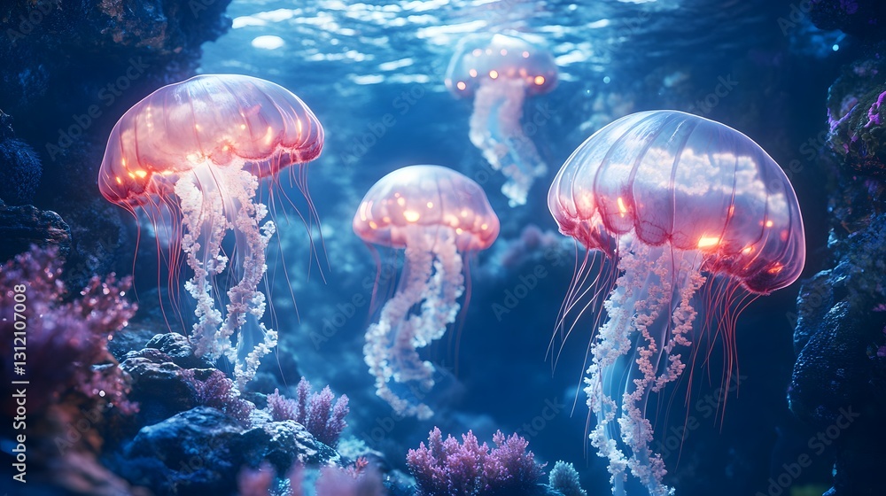 Fototapeta premium Ethereal Jellyfish Swimming Gracefully in a Vibrant Ocean Environment