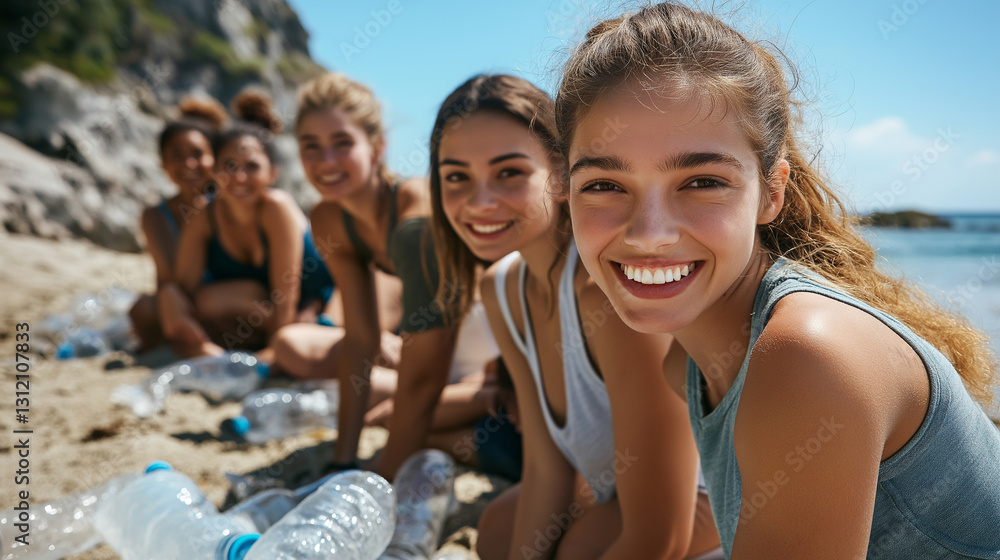 A diverse group of young friends smiles joyfully while collecting plastic bottles on a sunny beach. Their teamwork and enthusiasm reflect an eco-friendly initiative and a love for nature. A diverse group of young friends smiles joyfully while collecting plastic bottles on a sunny beach. Their teamwork and enthusiasm reflect an eco-friendly initiative and a love for nature.