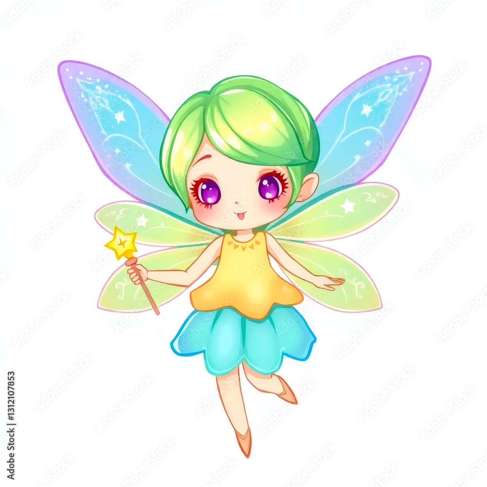 Colorful fairy character flying with a magic wand in cheerful attire and vibrant wings Colorful fairy character flying with a magic wand in cheerful attire and vibrant wings
