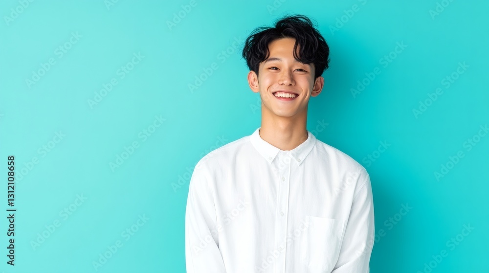 Young man smiles against a bright turquoise background in a casual setting during daytime