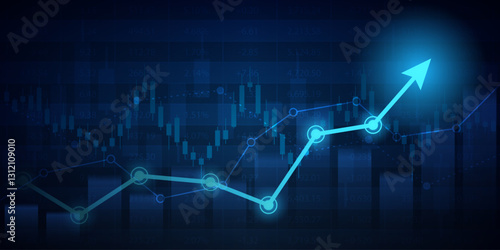 Abstract financial graph with uptrend line arrow and bar chart of stock market on blue color background