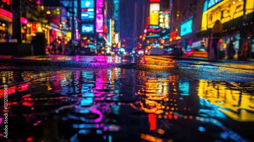 Futuristic Cityscape at Night with Neon Signs and Raindrop Ripples in Puddles