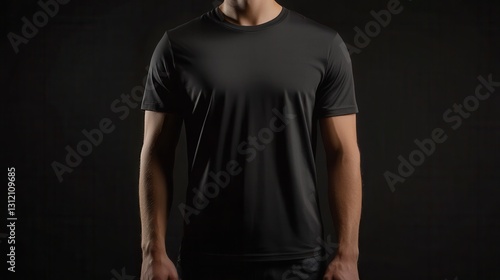 A realistic black T-shirt is mock-up on a young man, shown from the front view.