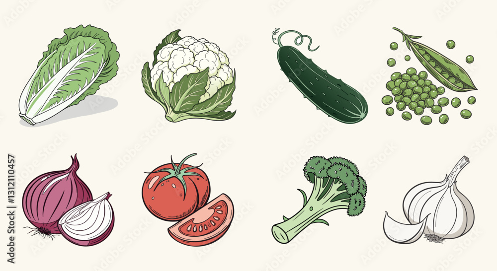 Fototapeta premium set of fresh vegetables, collection of fresh fruits and vegetables isolated on white background