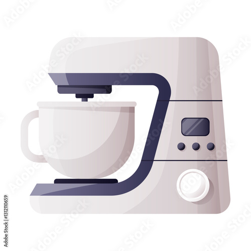 Electric mixer for kneading dough, stainless steel planetary mixer with metal bowl for cooking. Food processor, kitchen appliances, gadget. Vector illustration isolated on white background.