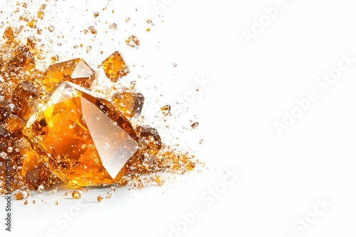 Amber-colored crystals scattered and arranged against a white backdrop, sparkling in the light