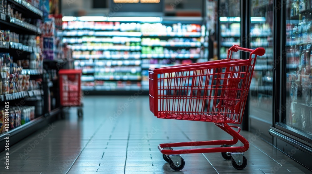 A red shopping cart stands prominently in a supermarket setting, symbolizing free delivery, discounts, and sales. A red shopping cart stands prominently in a supermarket setting, symbolizing free delivery, discounts, and sales.