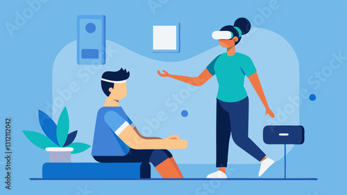 Virtual Coach Guide A virtual coach figure within the VR environment providing instructions to a patient helping them perform exercises with motivating gestures.