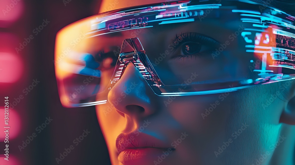 Futuristic augmented reality glasses with neon reflections on young woman's face in profile view against dark background with pink and blue lighting effects. Futuristic augmented reality glasses with neon reflections on young woman's face in profile view against dark background with pink and blue lighting effects.