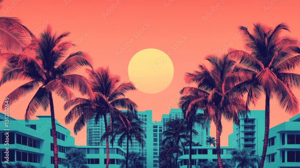 Fototapeta premium A retro illustration captures Miami summer vibes with generative AI, featuring vintage pink and blue colors.