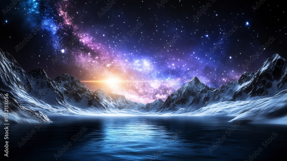 Fototapeta premium Serene landscape of snow capped mountains reflecting in a still lake under a vibrant purple, blue, and pink night sky filled with stars and a galaxy.
