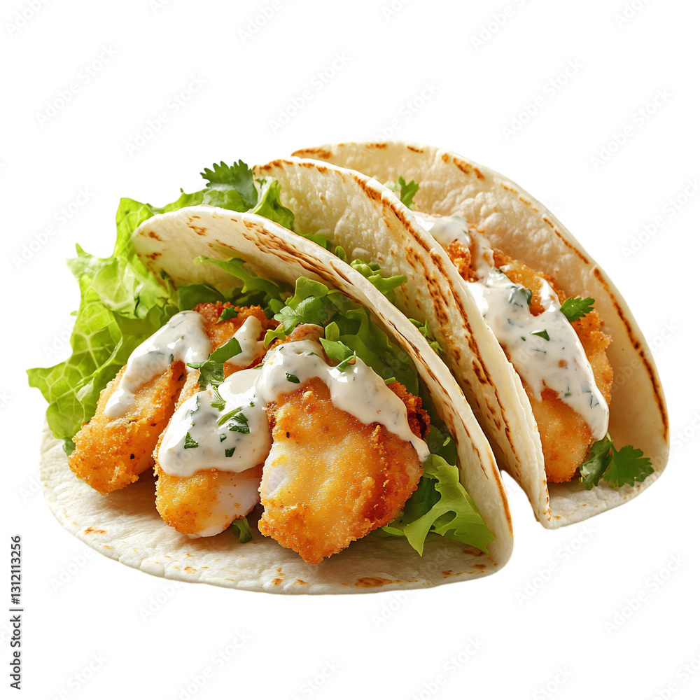 Crispy Fish Taco with Tartar Sauce Lettuce and Cilantro Isolated on Transparent Background Crispy Fish Taco with Tartar Sauce Lettuce and Cilantro Isolated on Transparent Background