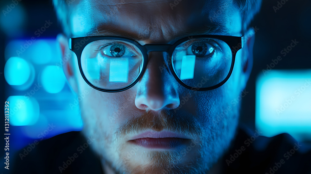 Focused Male Cybersecurity Expert Analyzing Data on a Computer Screen in a Dark Room Focused Male Cybersecurity Expert Analyzing Data on a Computer Screen in a Dark Room