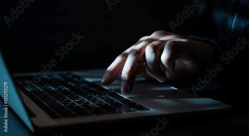 Close-up of adult caucasian male typing on laptop in dim lighting