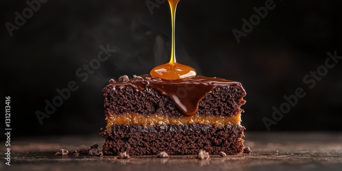 Chocolate fudge cake with caramel drizzle mid-air on a rich dark background