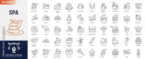 Spa line icon set. Editable stroke. Containing as massage, foot spa, sauna, warm water, stone therapy, and more. Vector illustration