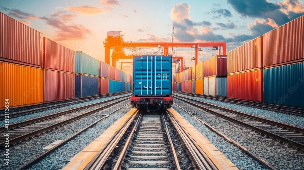 Loading containers onto railway wagons freight yard industrial action transport environment aerial view logistics concept Loading containers onto railway wagons freight yard industrial action transport environment aerial view logistics concept