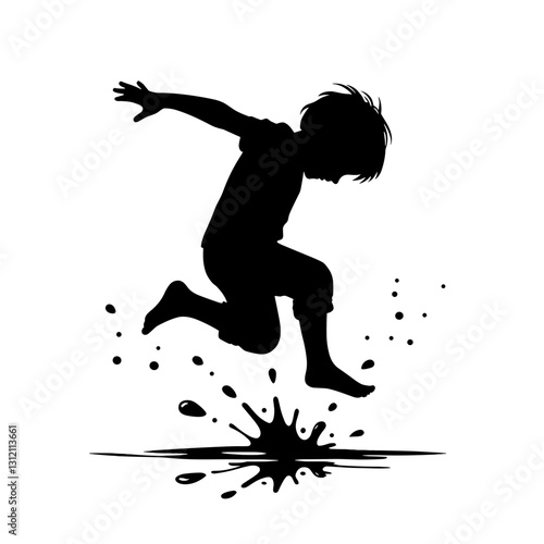 Vector illustration of a boy jumping in a puddle
