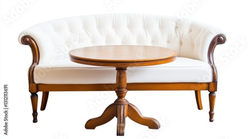 A retro white sofa paired with a round wooden table, both isolated on a white background. photo