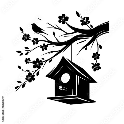 Vector illustration of a birdhouse on a blooming tree branch