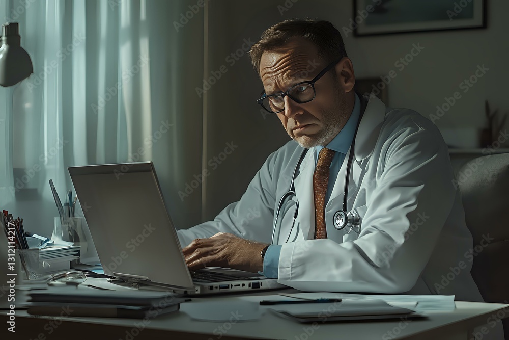Middle-aged Caucasian male doctor in white coat working late at desk with laptop computer in dark office, dramatic moody lighting through window creates professional atmosphere. Middle-aged Caucasian male doctor in white coat working late at desk with laptop computer in dark office, dramatic moody lighting through window creates professional atmosphere.