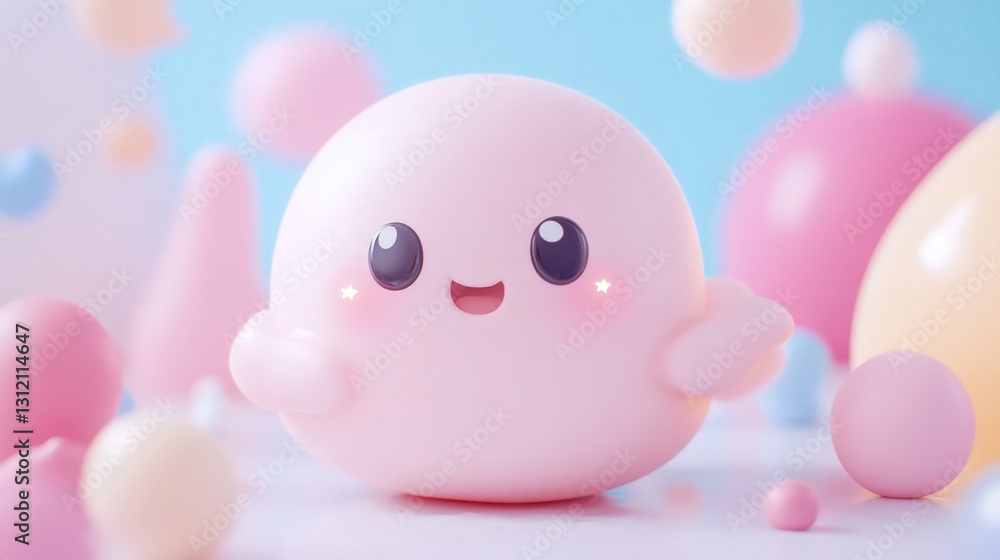 Cute pink toy character surrounded by colorful pastel shapes in a bright, cheerful setting designed for playtime