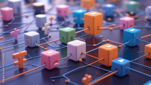 Abstract 3D Illustration of a Blockchain Network with Connected Nodes
