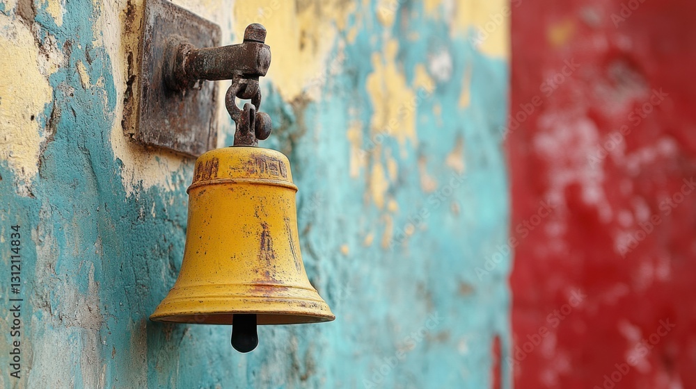 Fototapeta premium Rusty Yellow Bell on Painted Wall