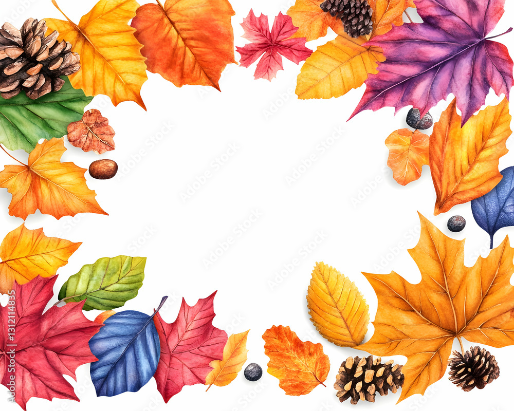 Fototapeta premium Autumn leaves & pinecones border frame on white, with blank space for text or image