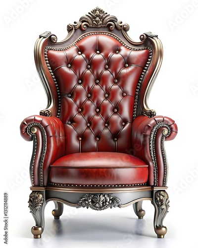 A Regal Crimson Leather Throne Awaits, A Symbol Of Power And Luxury, Its Ornate Carvings And Deep Button Tufting Exuding Timeless Elegance On A Pristine White Background photo