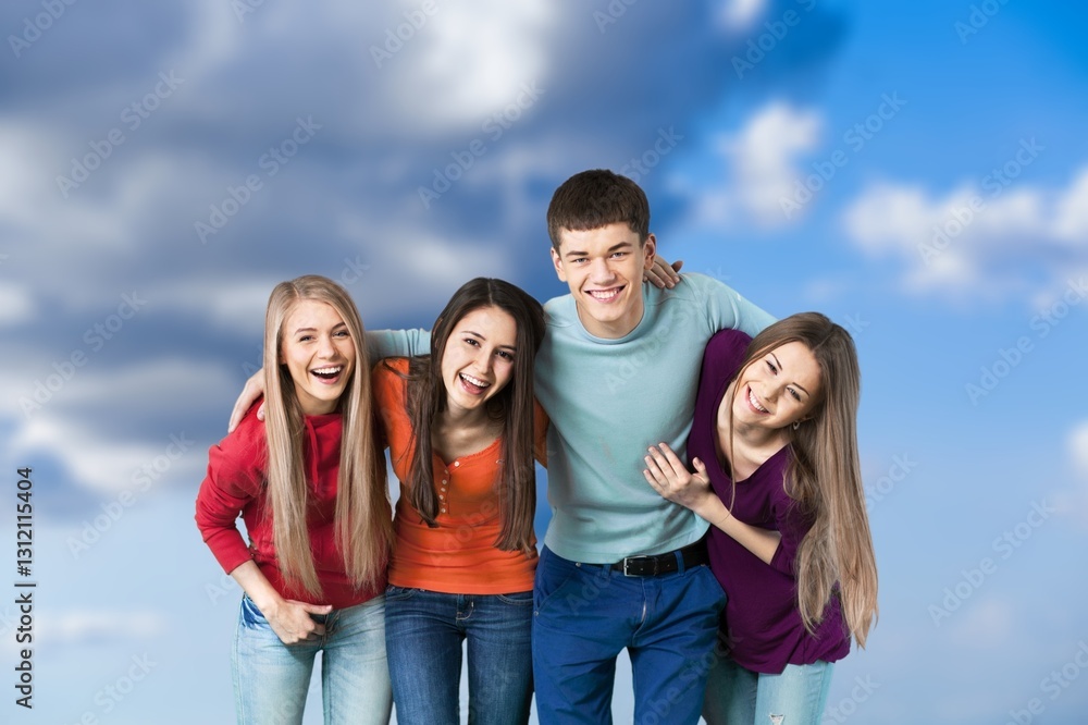 Happy funny teenagers students standing together outdoors. Happy funny teenagers students standing together outdoors.