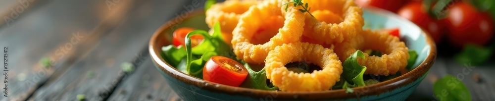 Fried squid rings in a shallow bowl filled with mixed greens and cherry tomatoes, crunchy, Spanish tapas Fried squid rings in a shallow bowl filled with mixed greens and cherry tomatoes, crunchy, Spanish tapas