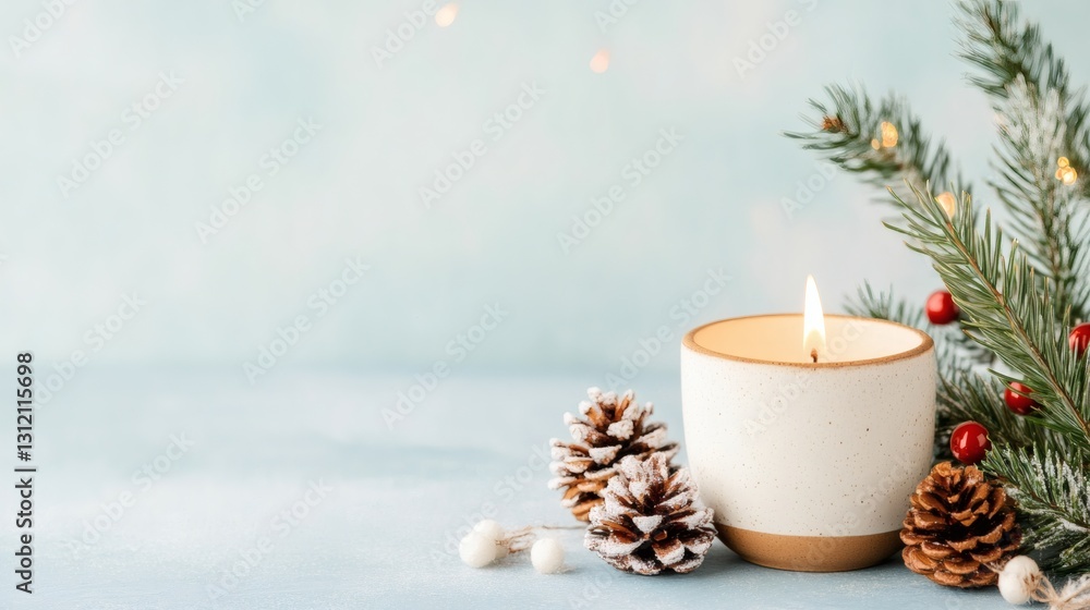 Decorative candle with pinecones and greenery creates a cozy atmosphere during the winter season Decorative candle with pinecones and greenery creates a cozy atmosphere during the winter season