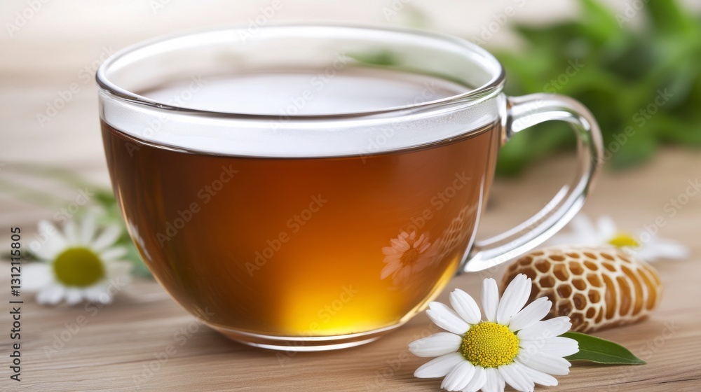 Fototapeta premium Chamomile Tea in a Glass Cup with Honey and Daisy Flowers
