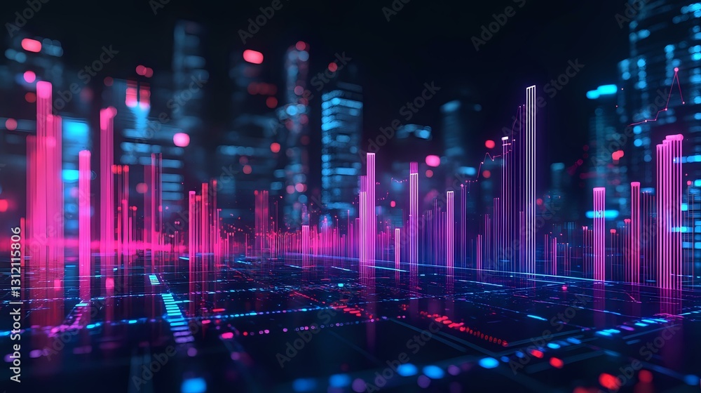 Abstract digital landscape with glowing pink and blue vertical bars rising from reflective grid surface against dark background, creating futuristic cityscape visualization. Abstract digital landscape with glowing pink and blue vertical bars rising from reflective grid surface against dark background, creating futuristic cityscape visualization.