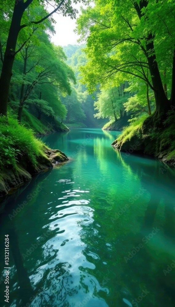 Fototapeta premium Emerald waters flow gently through lush greenery, floodplain, calm, river