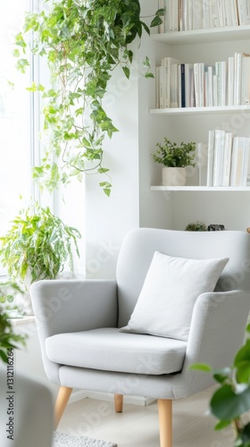 Wallpaper Mural Comfortable chair in bright room, bathed in sunlight, amidst lush greenery and a bookshelf Torontodigital.ca